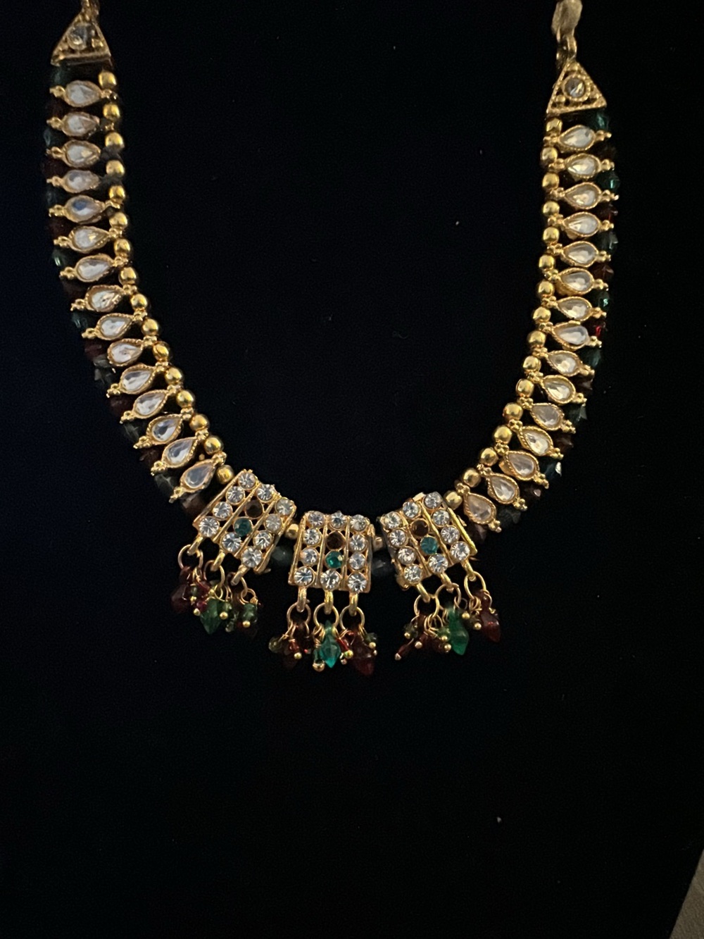 Elegant Gold-Tone Kundan Necklace with Green and Red Accents